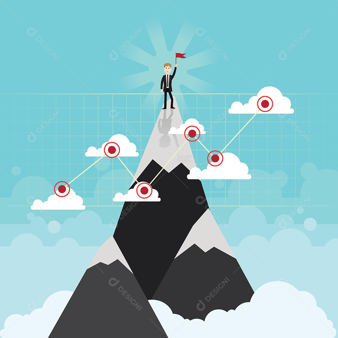 Bandeira do conceito de sucesso empresário em um pico de montanha Vetor EPS