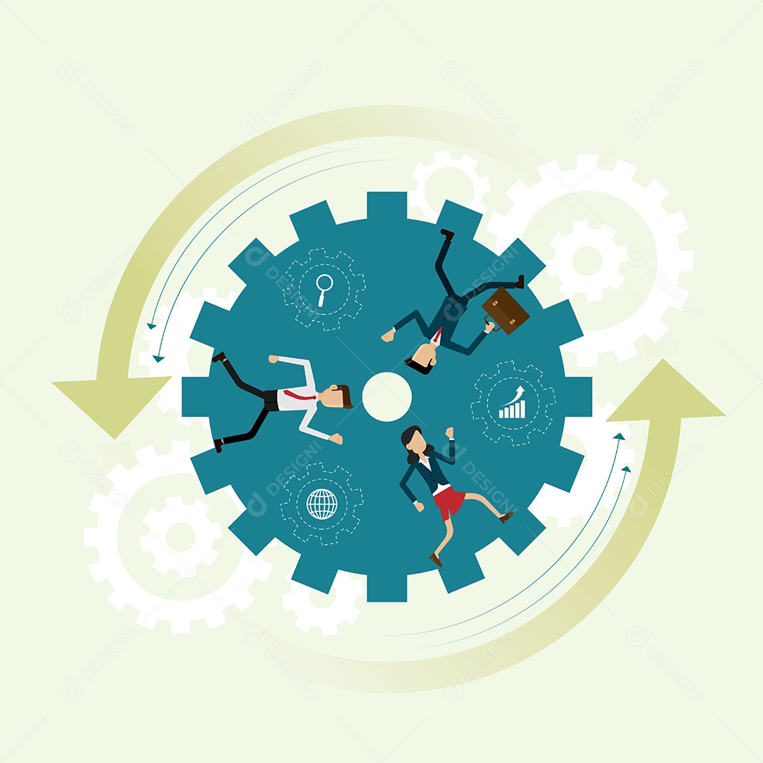 Três empresários correndo dentro da roda de engrenagem são trabalho em equipe Vetor EPS