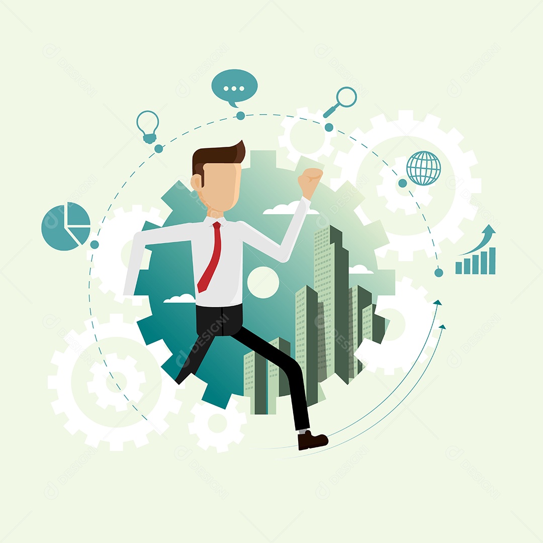 Empresário correndo dentro da roda dentada e conjunto de ícones para negócios Vetor EPS