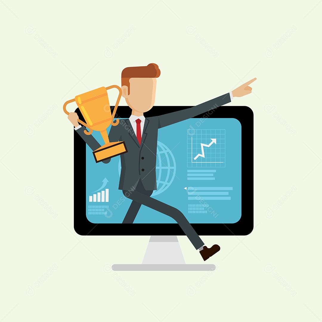 Empresário segurando prêmio rodando dentro do computador para sucesso Vetor EPS