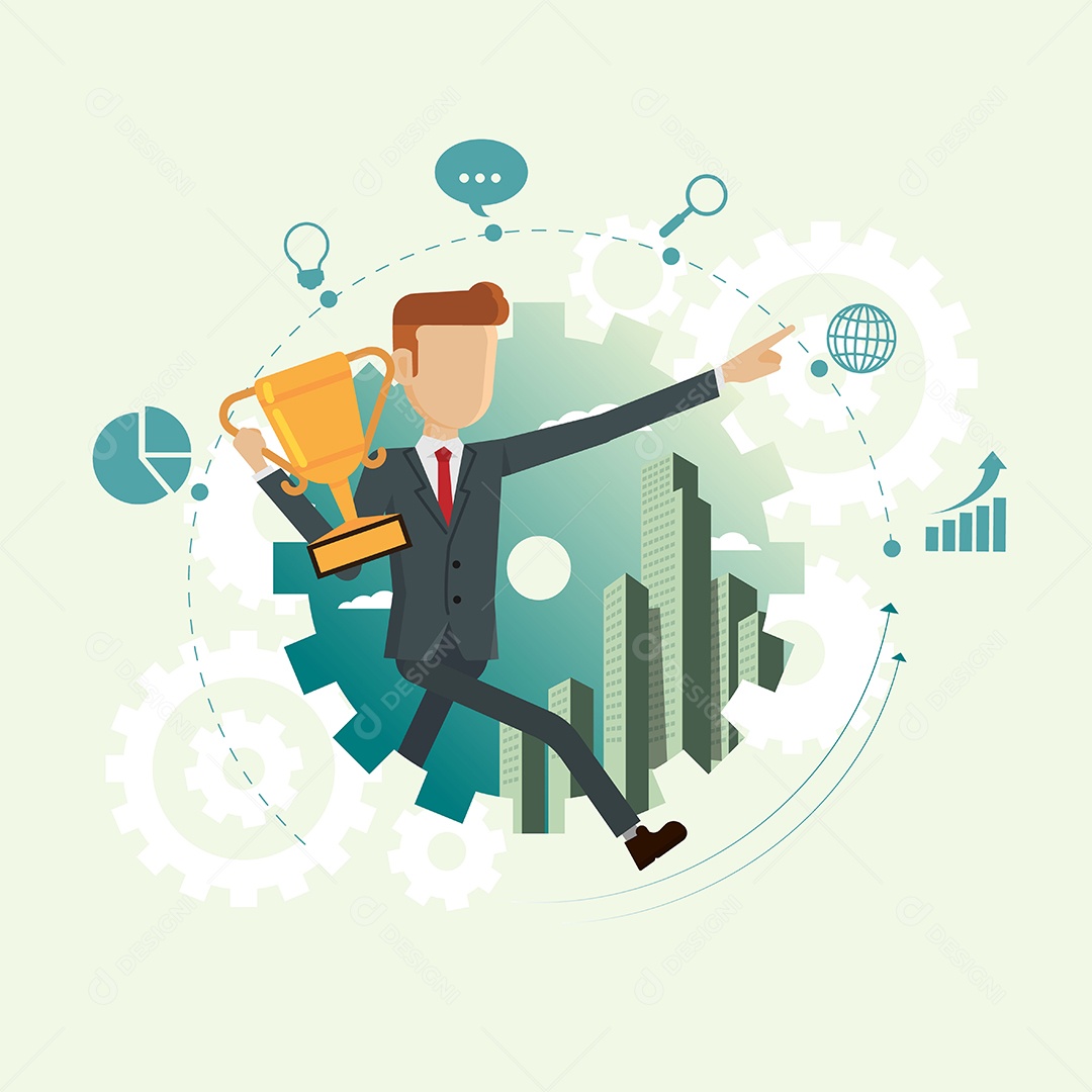 Empresário segurando prêmio correndo dentro da roda dentada e conjunto de ícones Vetor EPS