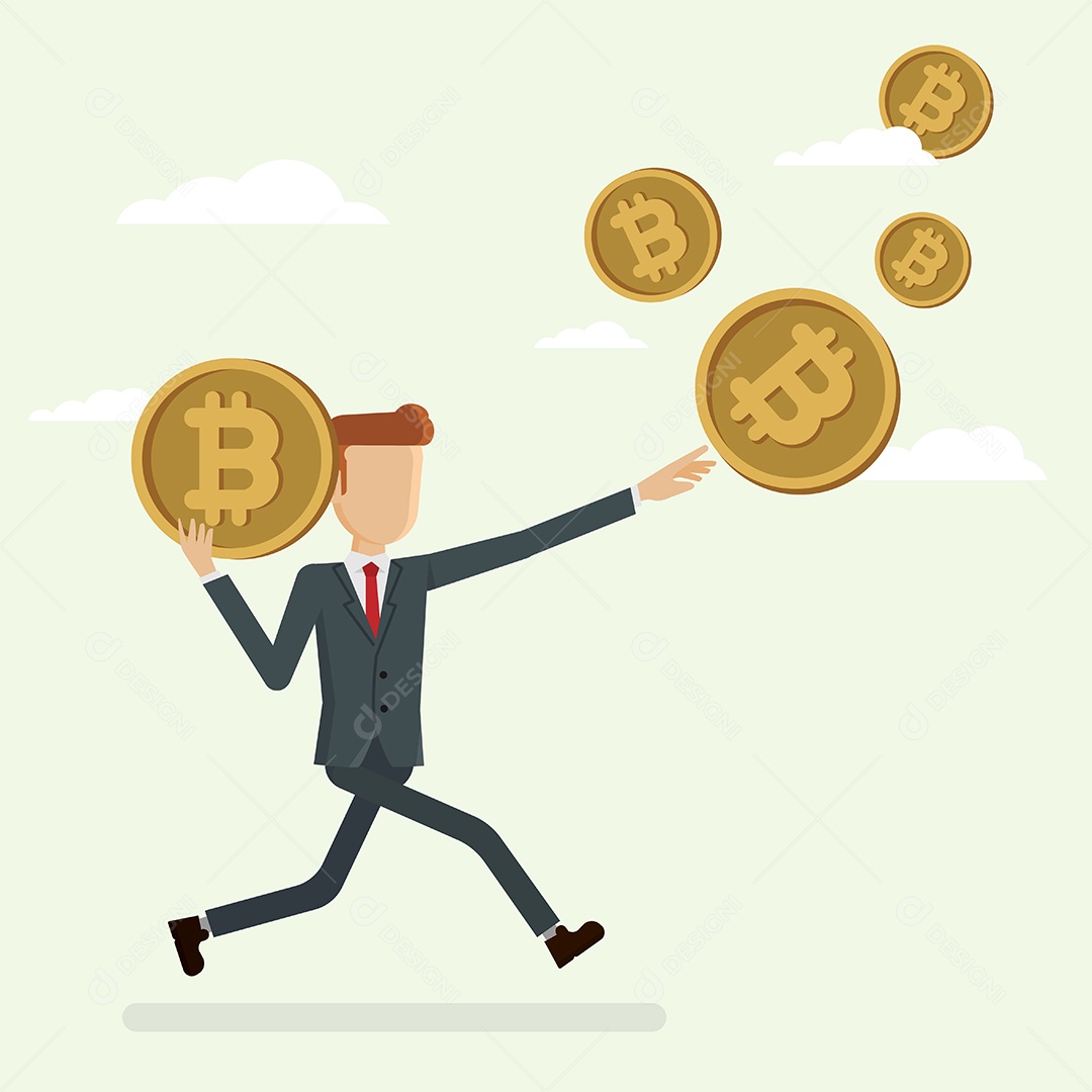 Empresário segurando bitcoin flutuando no céu. vetor de conceitos Vetor EPS