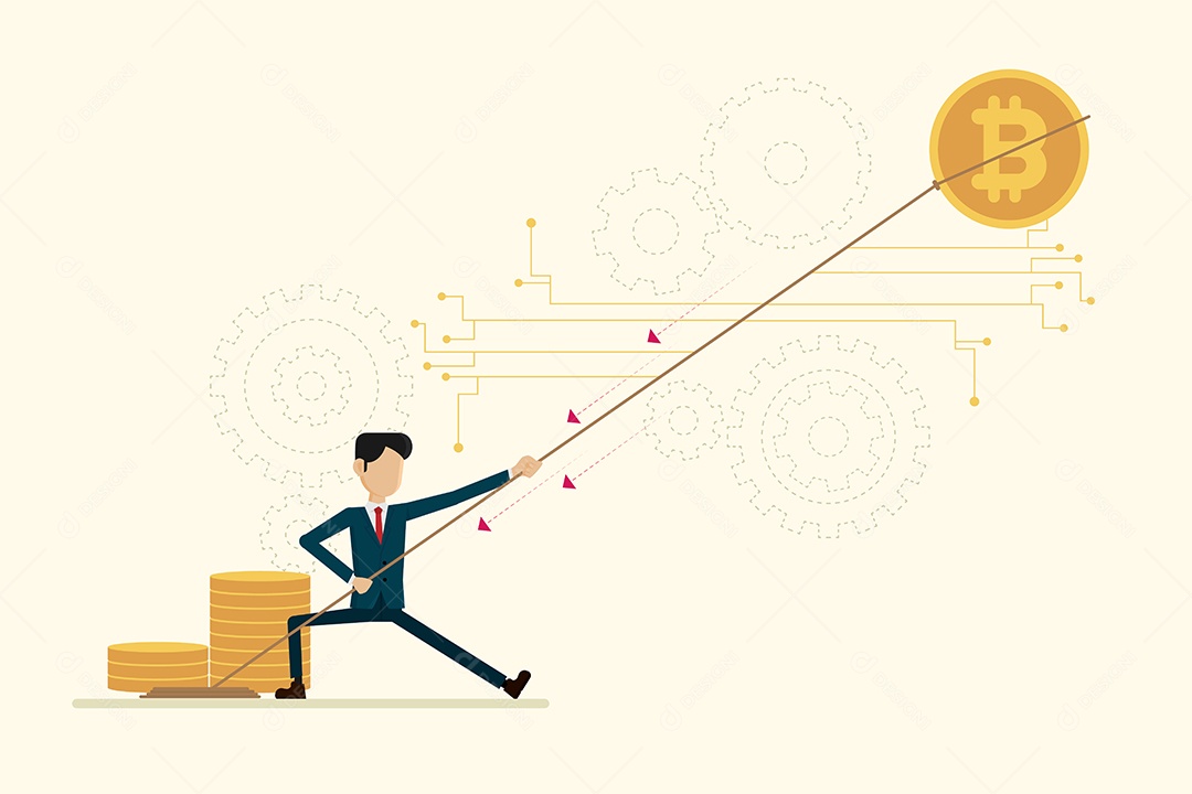 Empresário puxar bitcoin fundo digital e engrenagem Vetor EPS