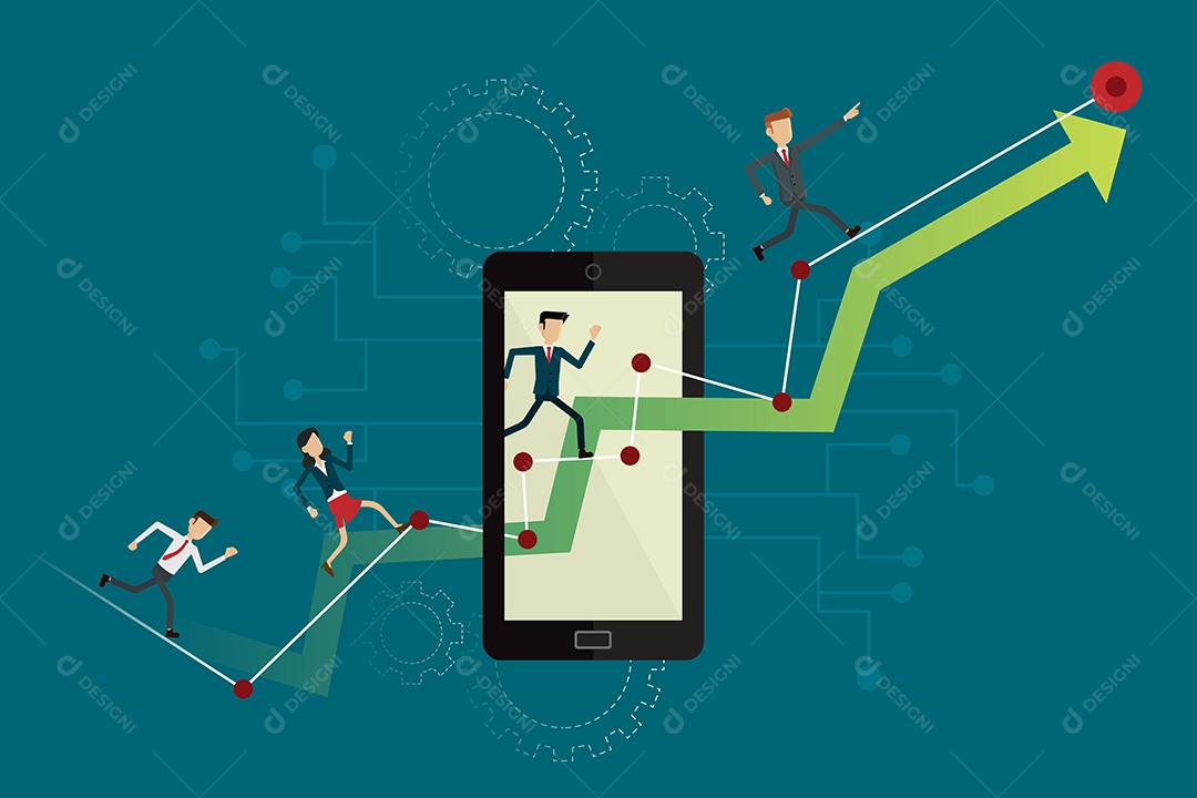 Pessoas de negócios correndo no caminho do gráfico para o objetivo no celular Vetor EPS