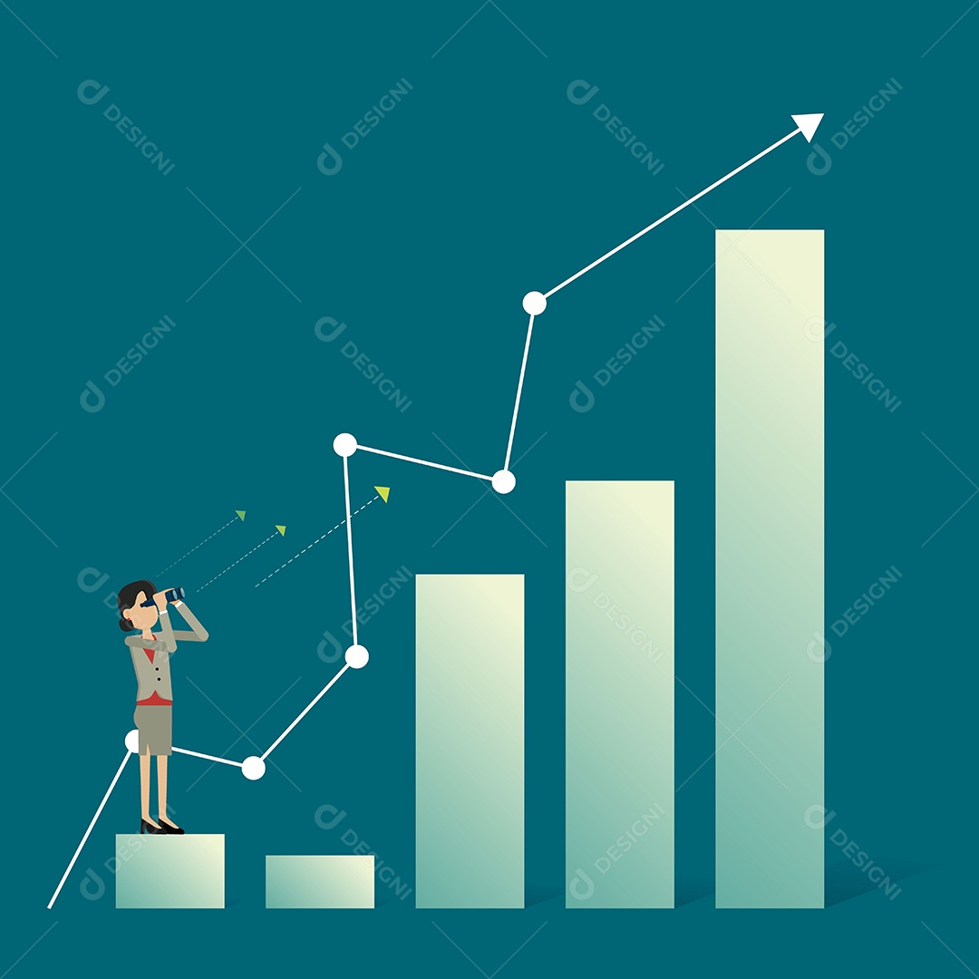 Mulher de negócios que olha nos binóculos na seta e na carta Vetor EPS