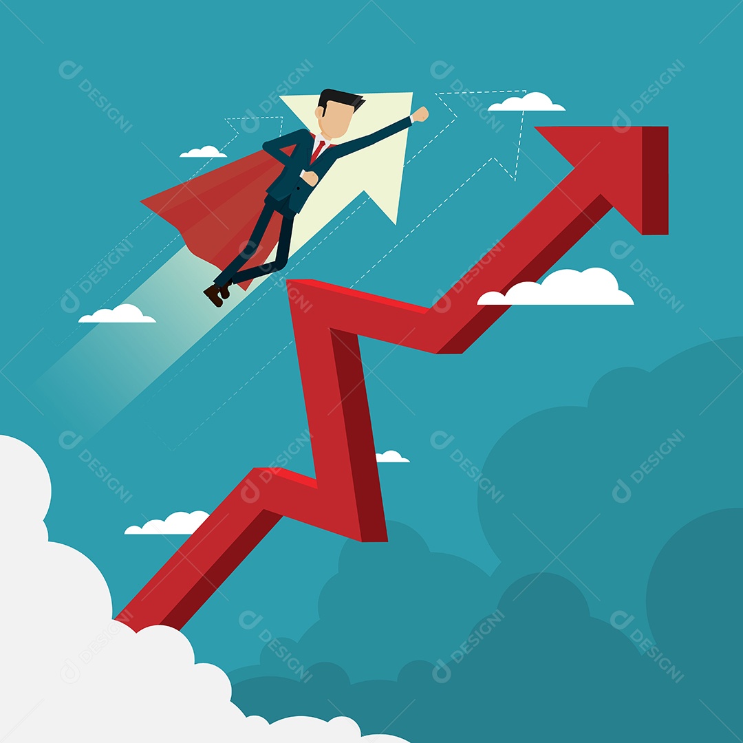 O Herói do empresário voando rápido na seta segue o caminho para o gol Vetor EPS