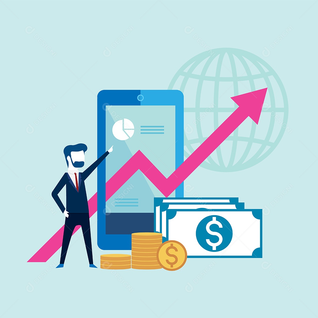 Empresários com seta seguem caminho para o objetivo no smartphone Vetor EPS