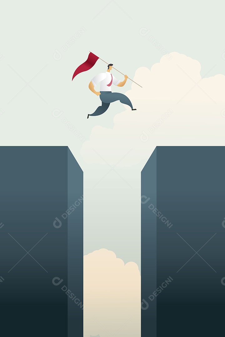 Empresário com bandeira salta sobre o topo do gráfico de barras Vetor EPS