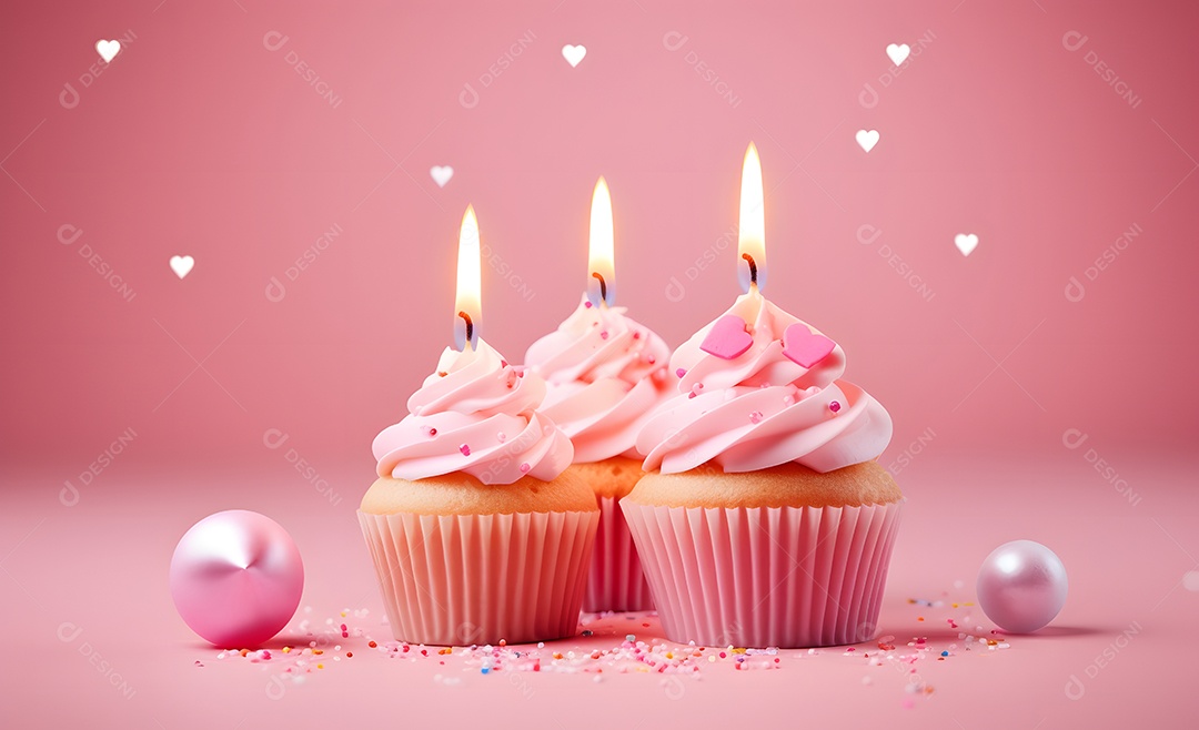 Deliciosos cupcakes decorados em fundo rosa