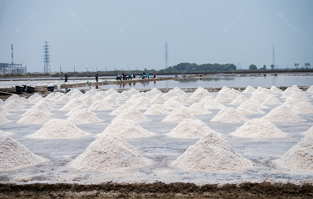 Fazenda de sal marinho na Tailândia. Sal de salmoura. Matéria-prima do sal industrial.