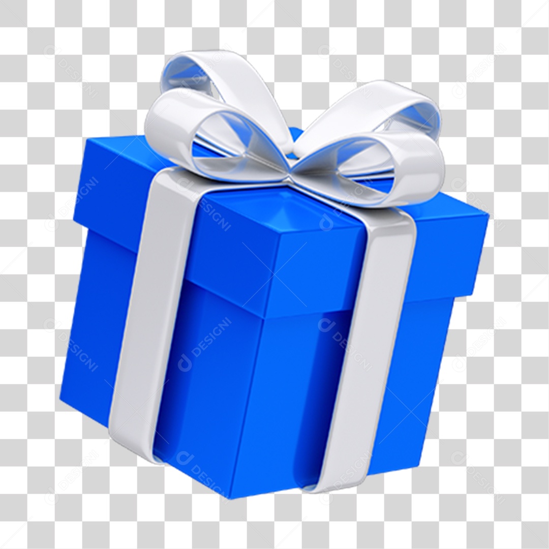 Caixa de Presente Azul com Laço e Fita Branca PNG Transparente
