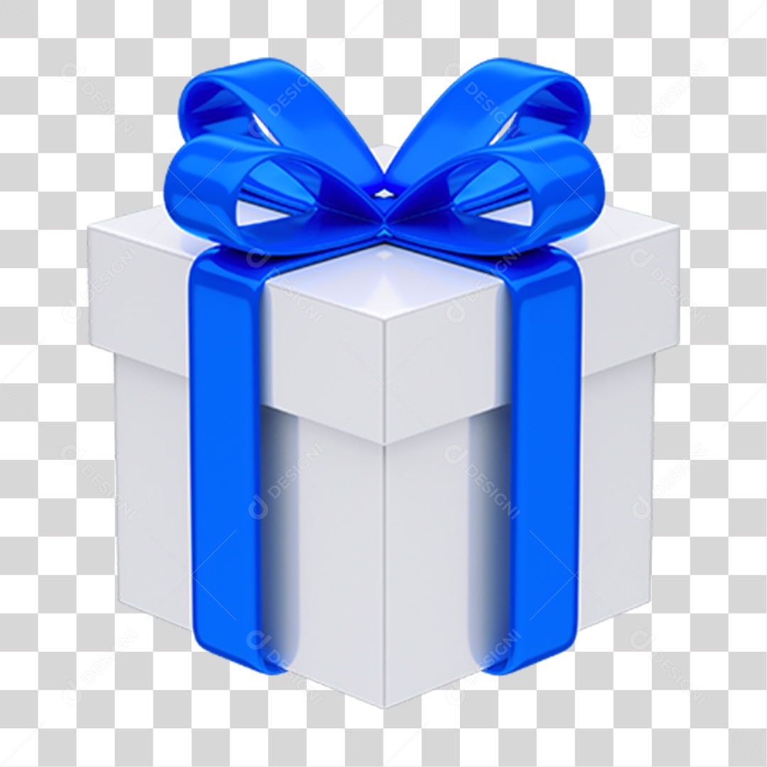 Caixa de Presente Branca com Laço e Fita Azul PNG Transparente
