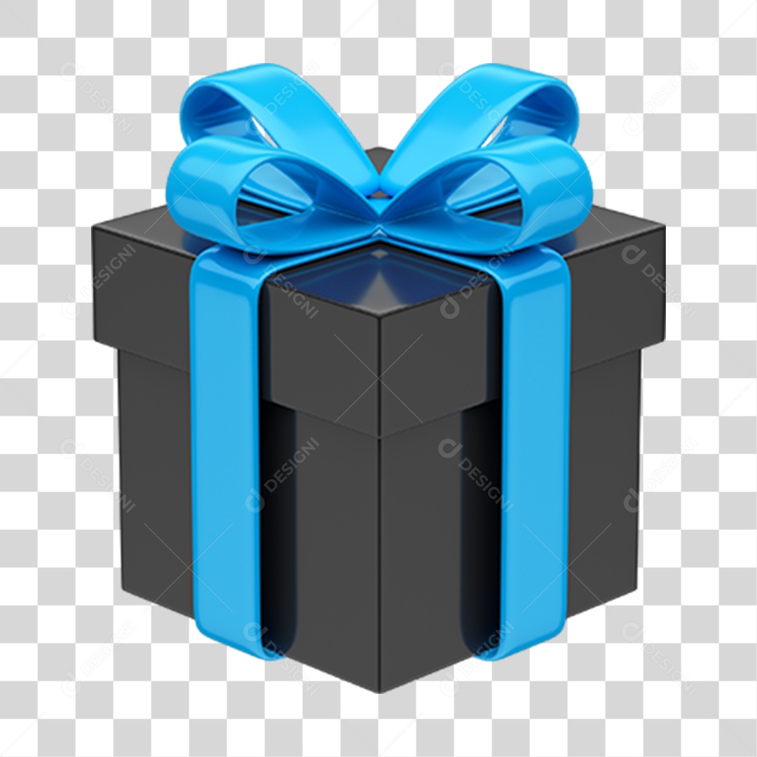 Caixa de Presente Preta com Laço e Fita Azul PNG Transparente