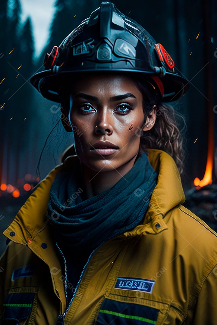 Mulher bombeira sobre fundo desfocado.