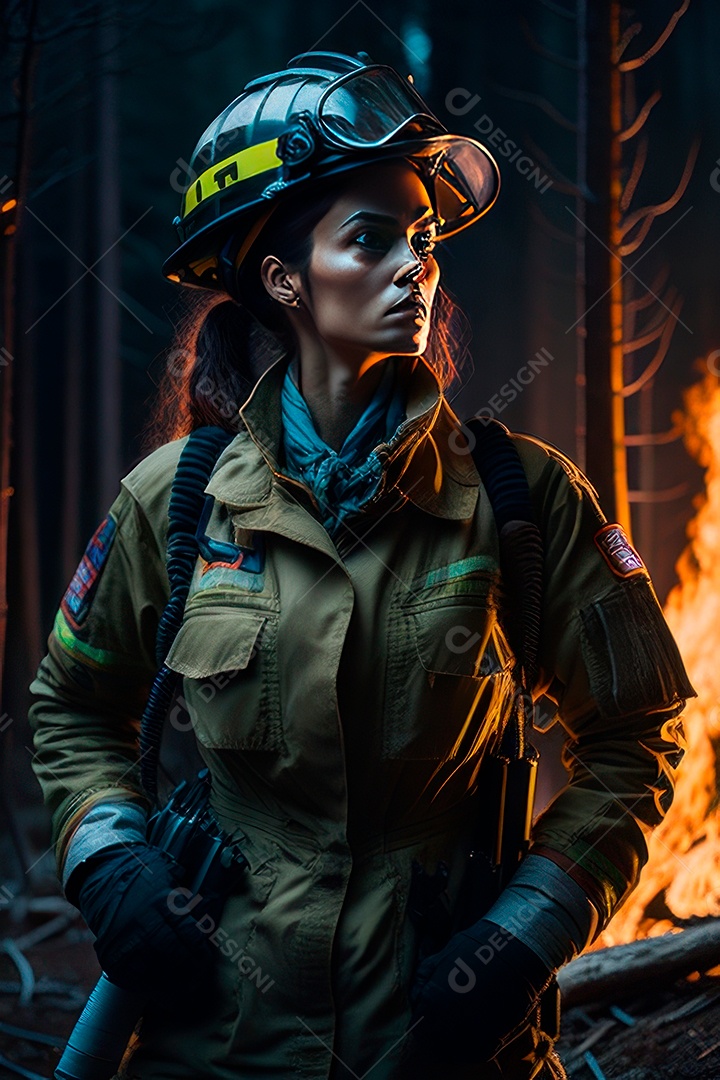 Mulher bombeira sobre fundo desfocado.