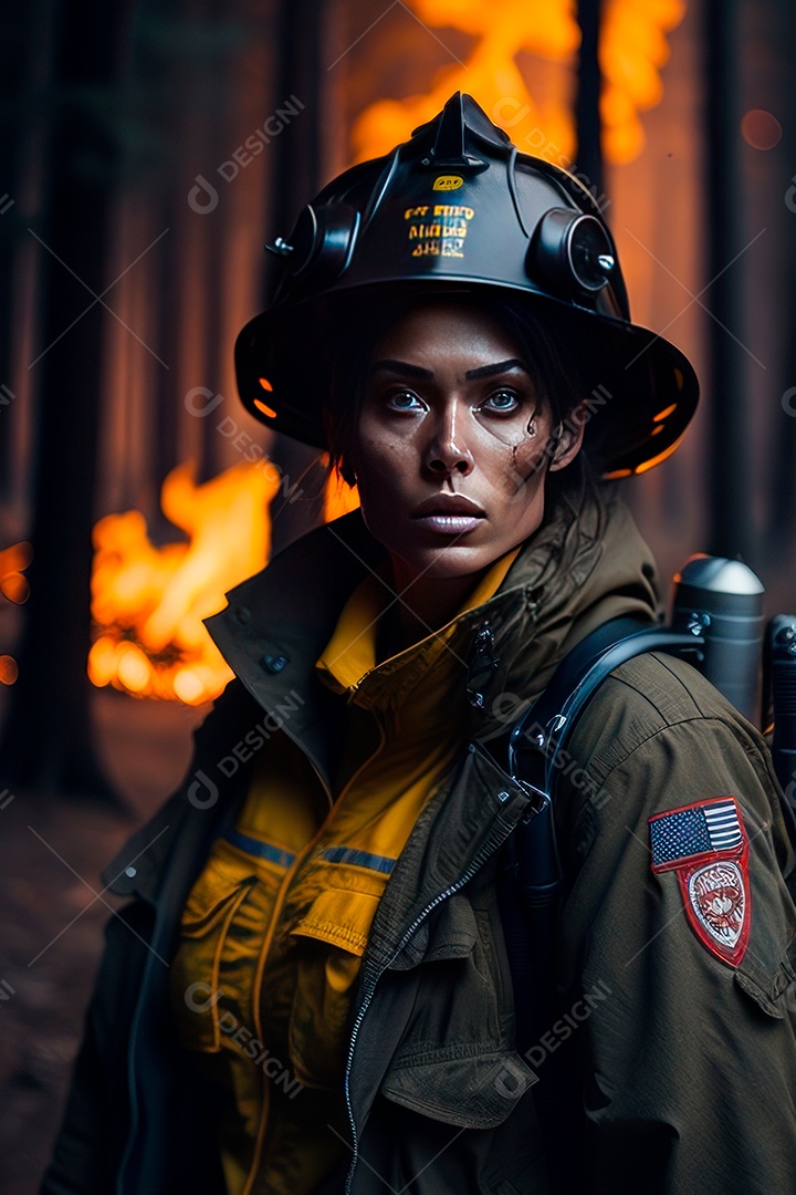 Mulher bombeira sobre fundo desfocado.