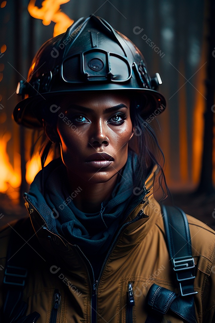 Mulher bombeira sobre fundo desfocado.