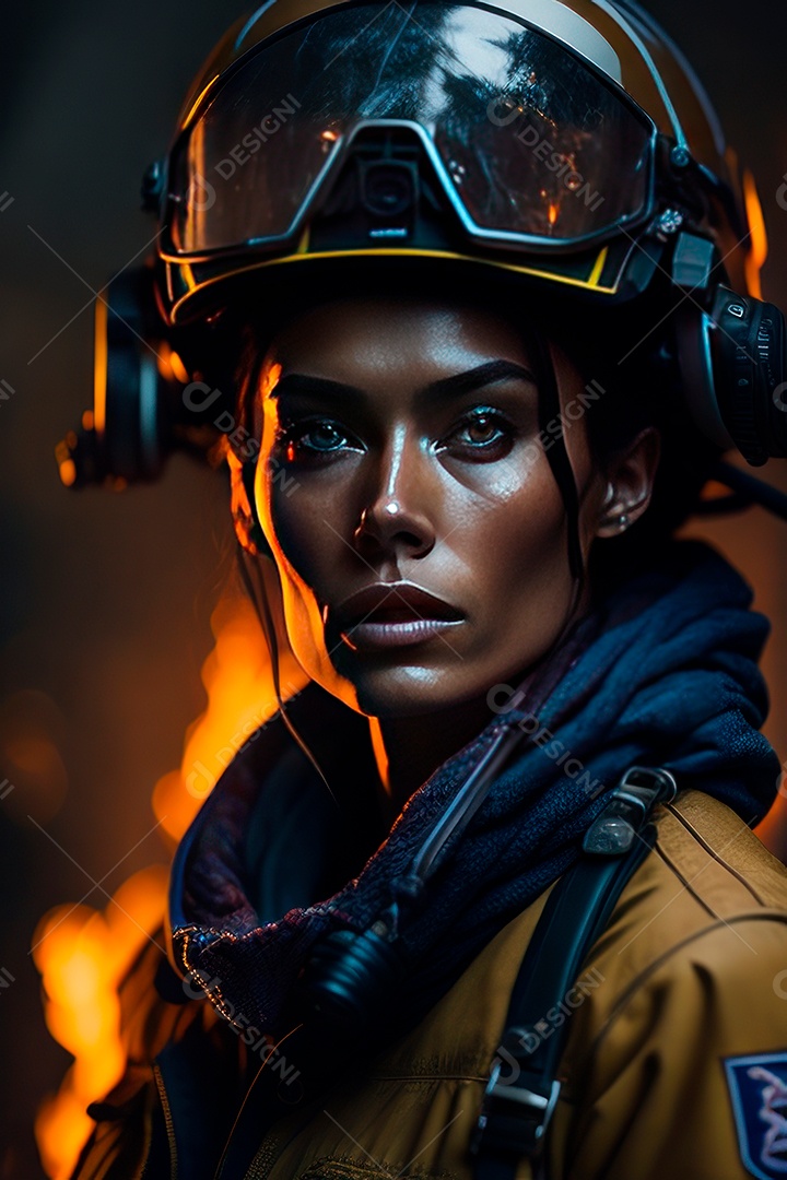 Mulher bombeira sobre fundo desfocado.