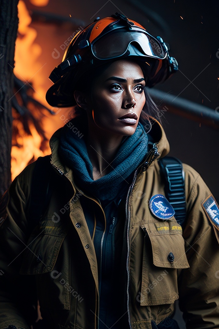 Mulher bombeira sobre fundo desfocado.