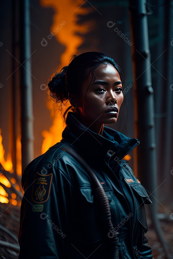 Mulher bombeira sobre fundo desfocado.