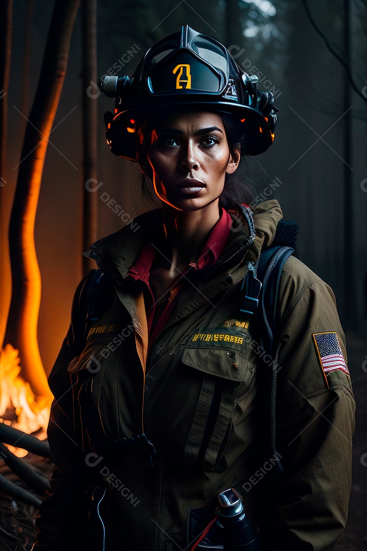 Mulher bombeira sobre fundo desfocado.