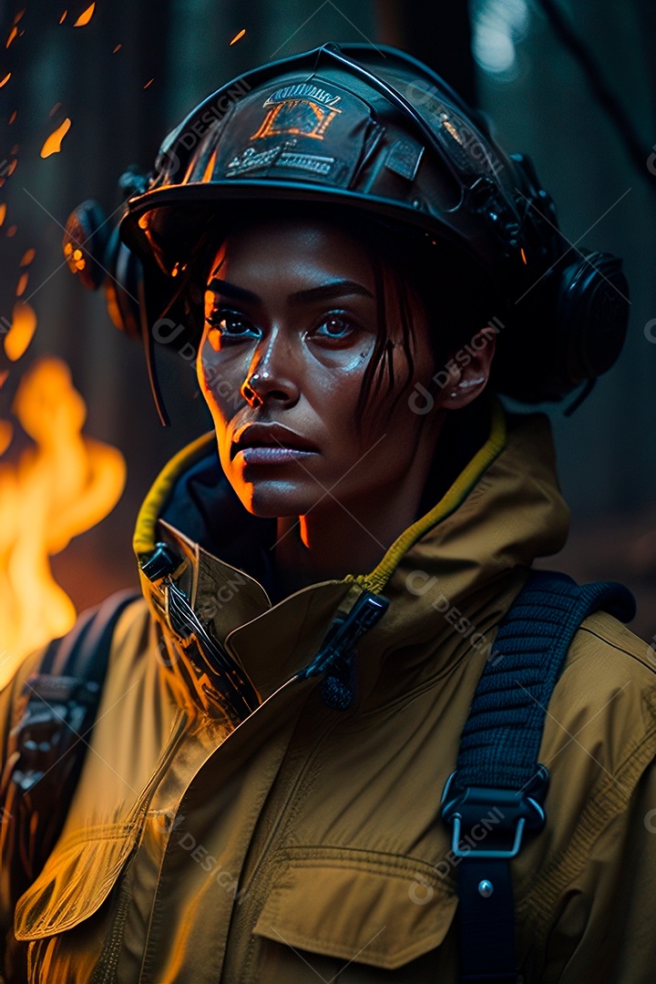 Mulher bombeira sobre fundo desfocado.