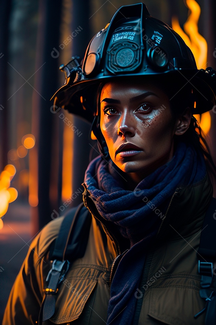 Mulher bombeira sobre fundo desfocado.