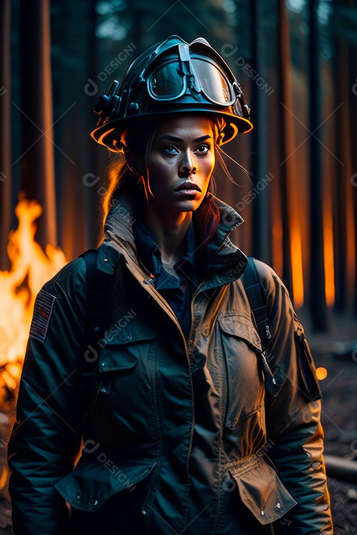 Mulher bombeira sobre fundo desfocado.