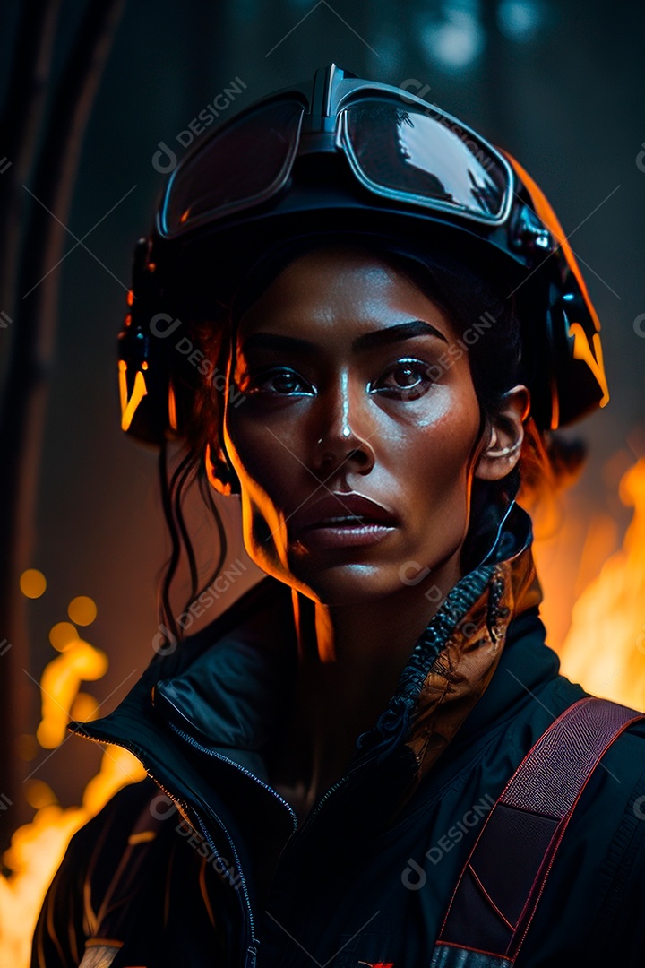 Mulher bombeira sobre fundo desfocado.