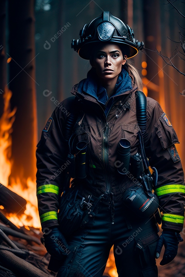 Mulher bombeira sobre fundo desfocado.