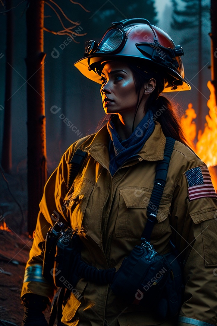 Mulher bombeira sobre fundo desfocado.