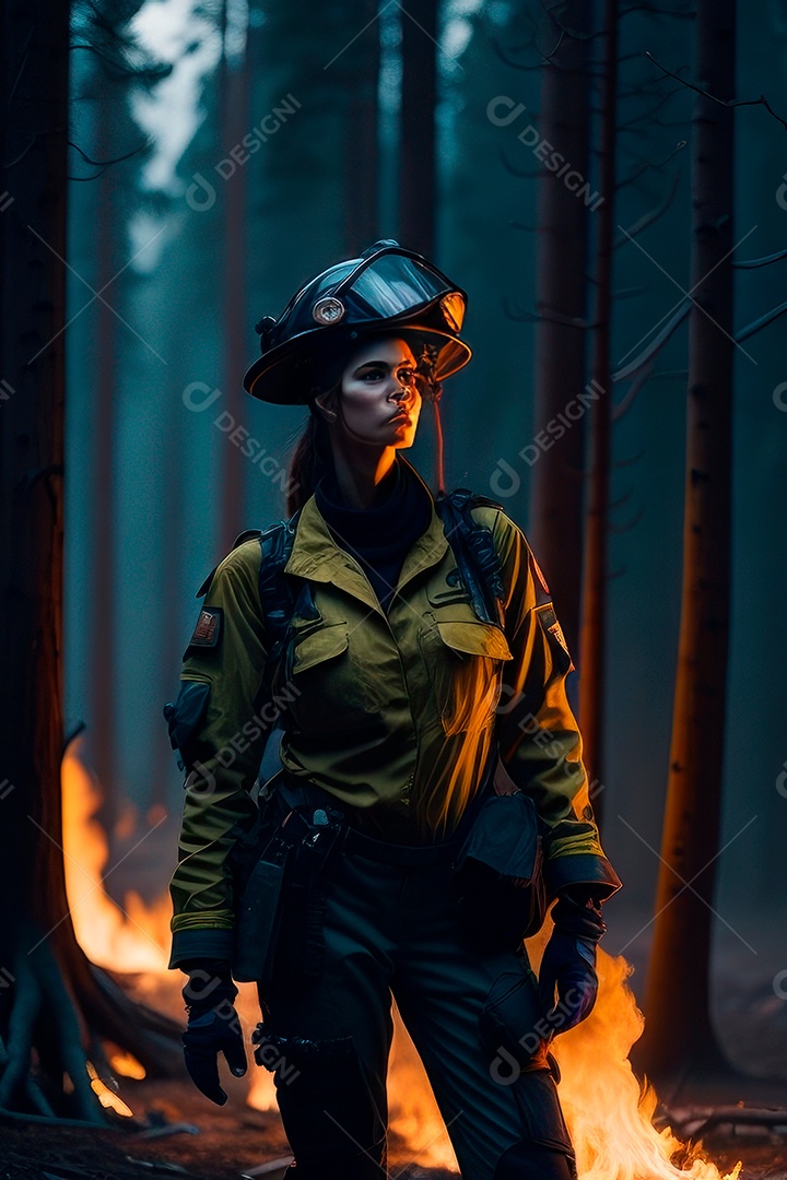 Mulher bombeira sobre fundo desfocado.