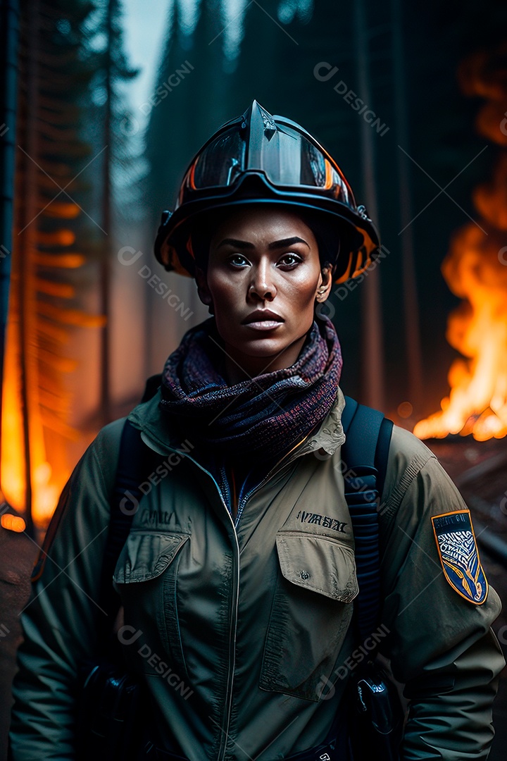 Mulher bombeira sobre fundo desfocado.