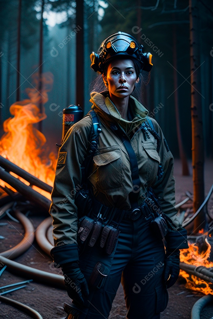 Mulher bombeira sobre fundo desfocado.