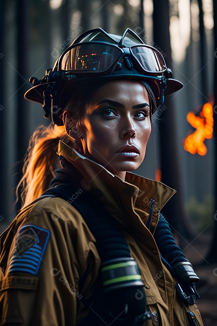 Mulher bombeira sobre fundo desfocado.