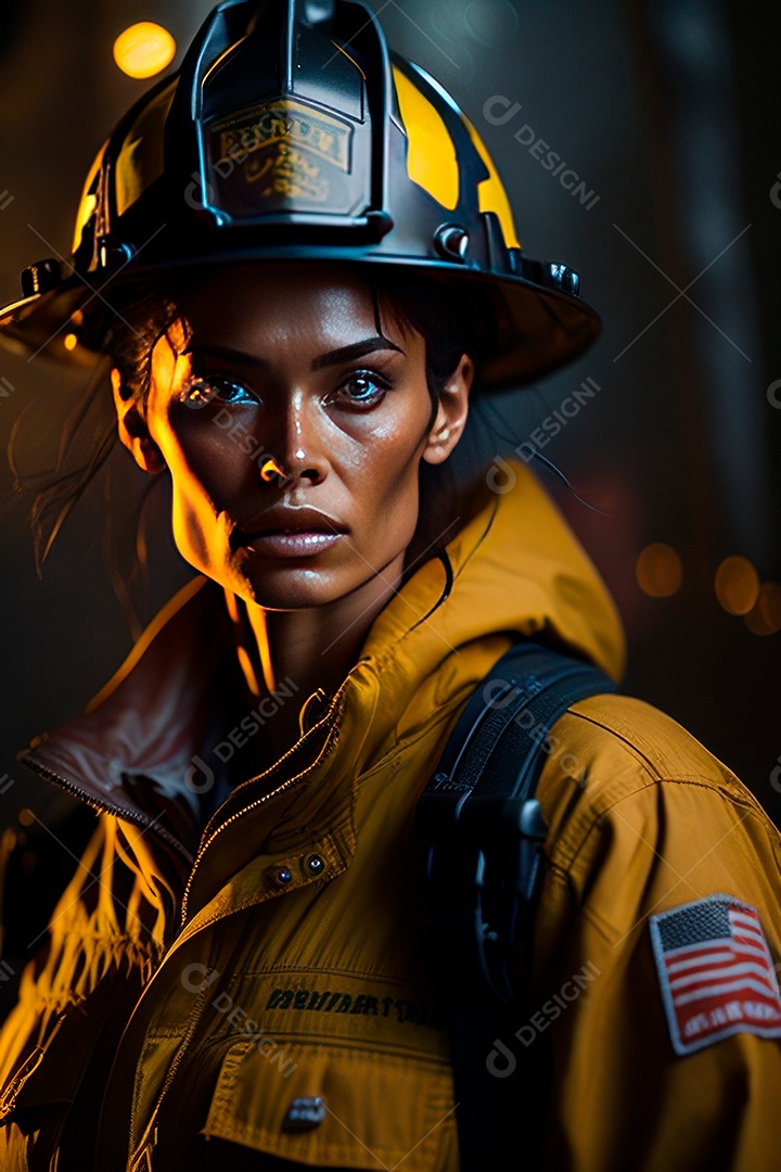 Mulher bombeira sobre fundo desfocado.