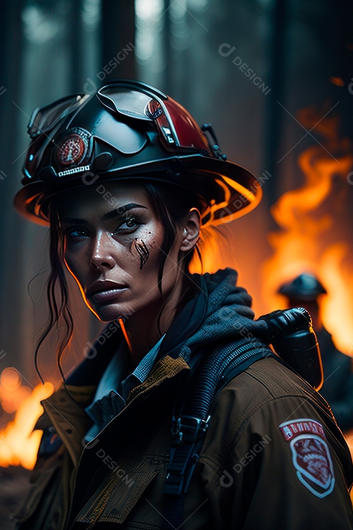 Mulher bombeira sobre fundo desfocado.