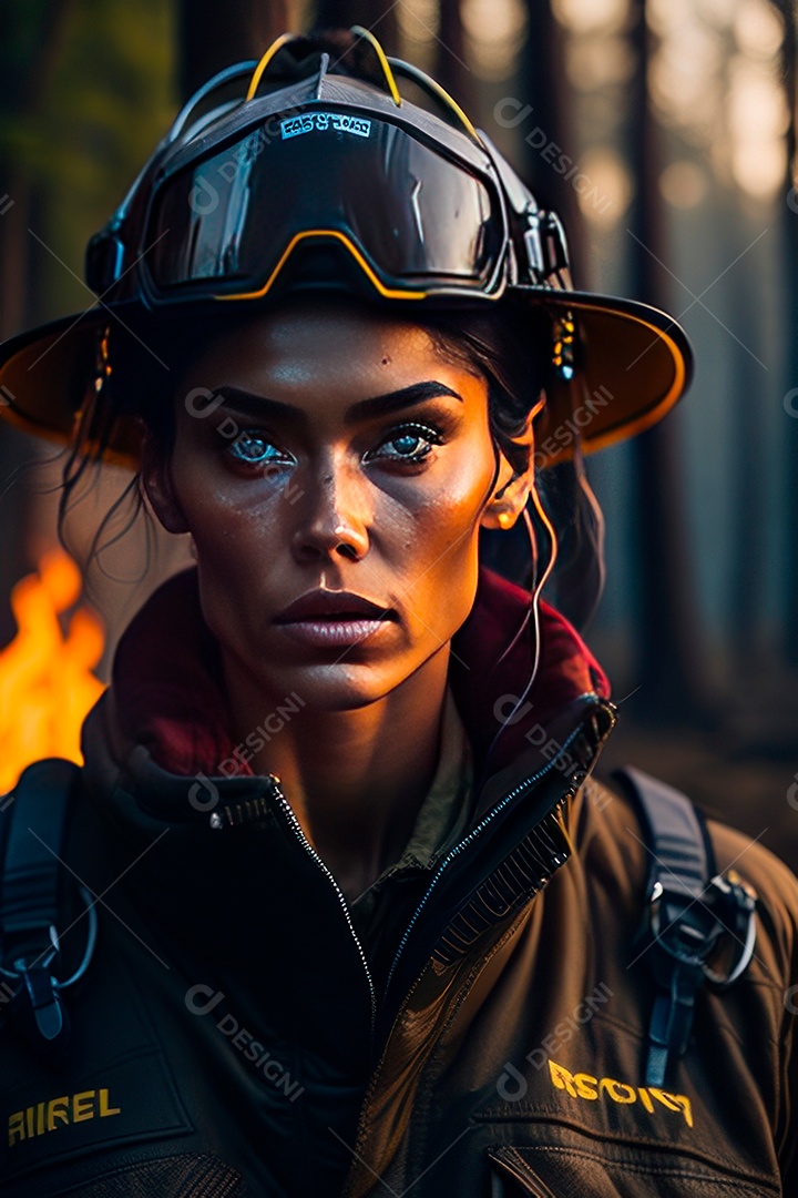 Mulher bombeira sobre fundo desfocado.