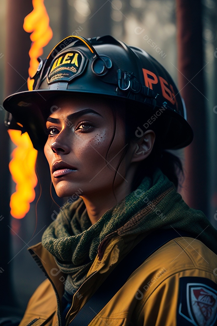 Mulher bombeira sobre fundo desfocado.