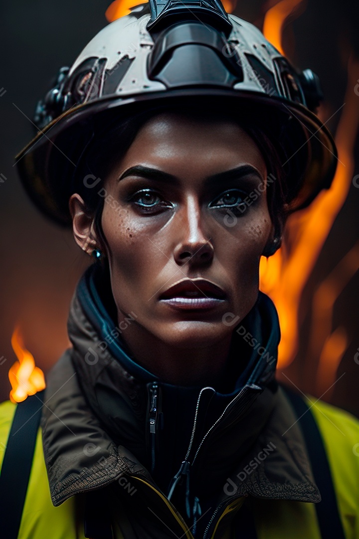 Mulher bombeira sobre fundo desfocado.