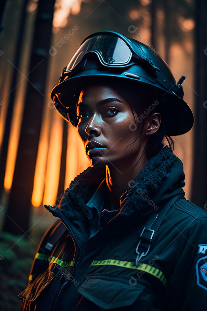 Mulher bombeira sobre fundo desfocado.