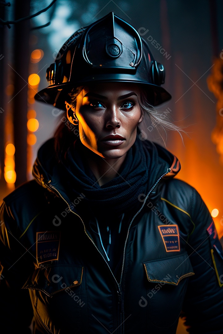 Mulher bombeira sobre fundo desfocado.