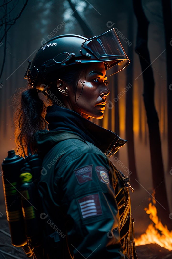 Mulher bombeira sobre fundo desfocado.