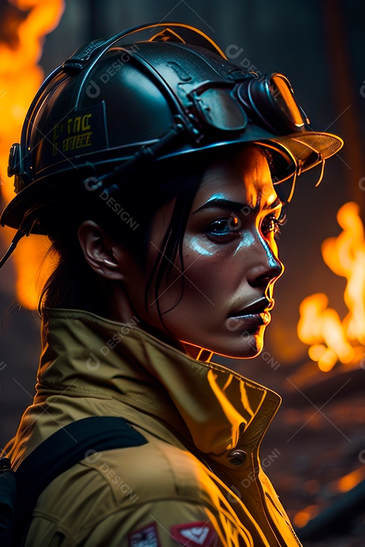 Mulher bombeira sobre fundo desfocado.