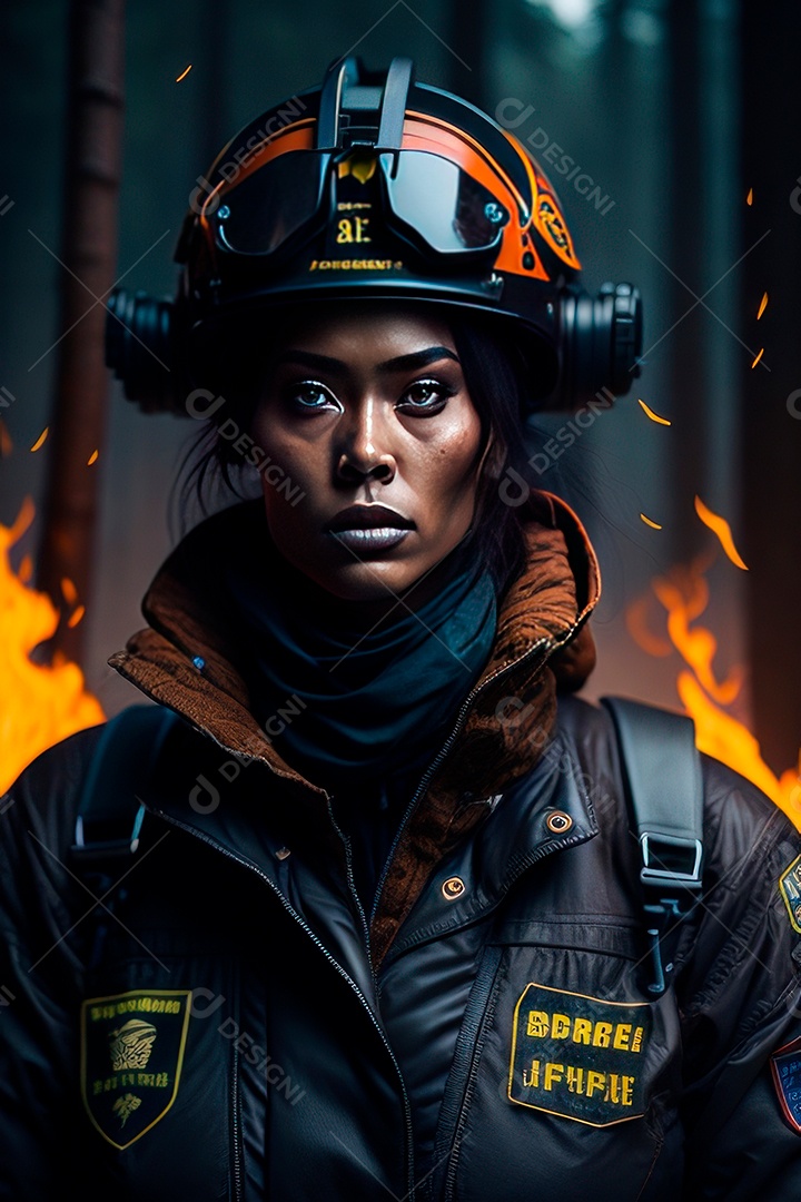 Mulher bombeira sobre fundo desfocado.