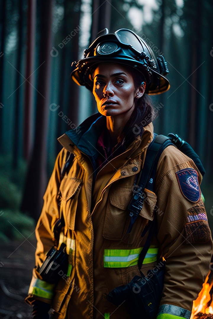 Mulher bombeira sobre fundo desfocado.