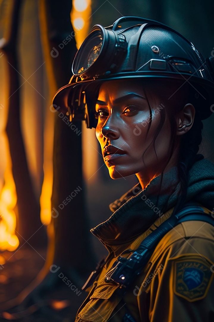 Mulher bombeira sobre fundo desfocado.