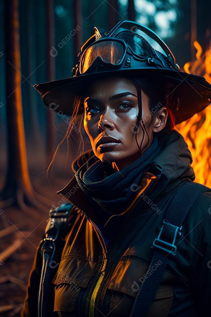 Mulher bombeira sobre fundo desfocado.