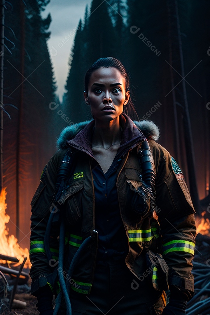 Mulher bombeira sobre fundo desfocado.