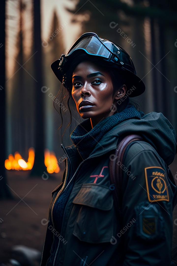 Mulher bombeira sobre fundo desfocado.